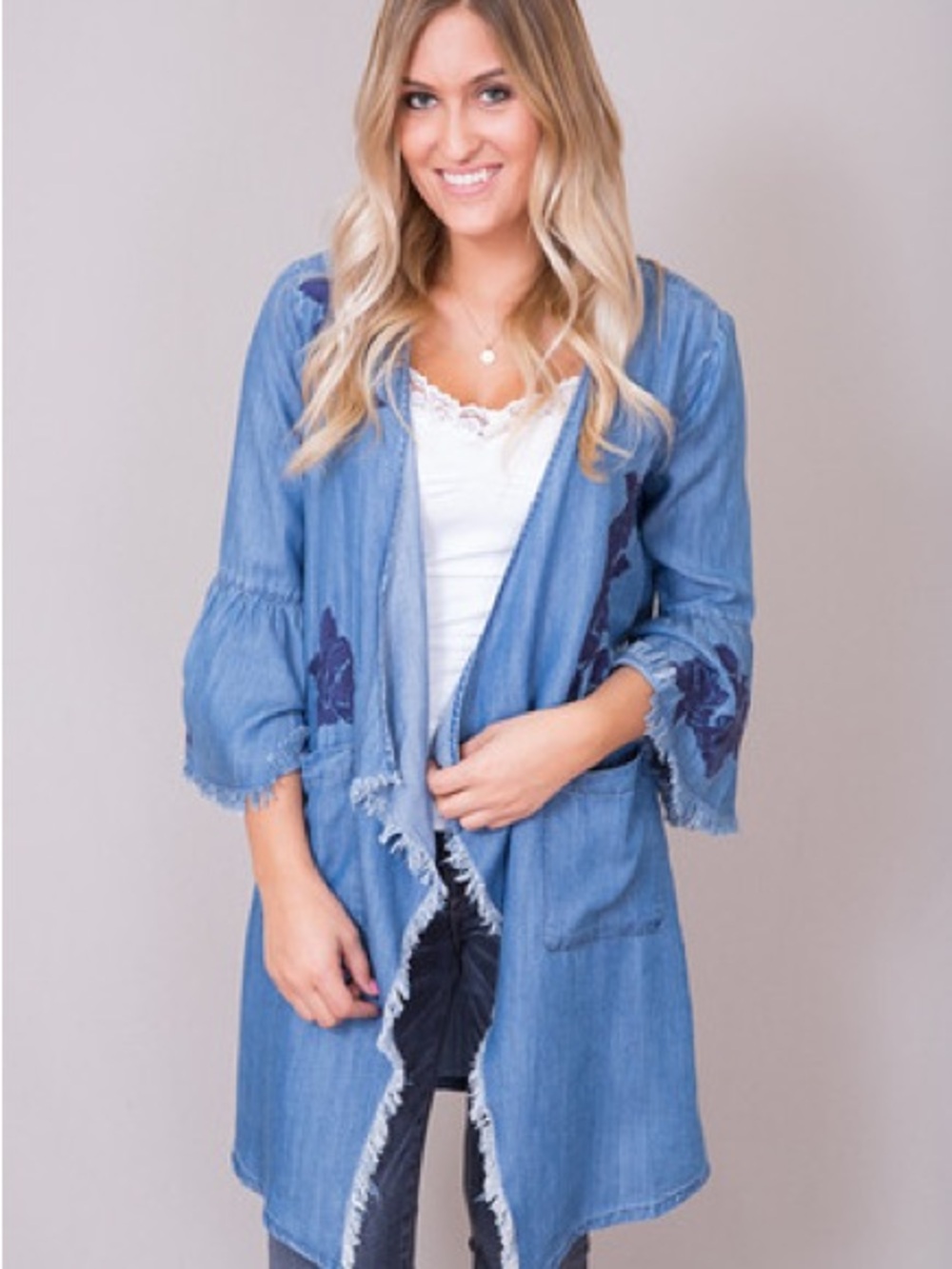 Billy T Rose Embroidered Chambray Kimono Open Jacket XS Fringe Chambray Boho